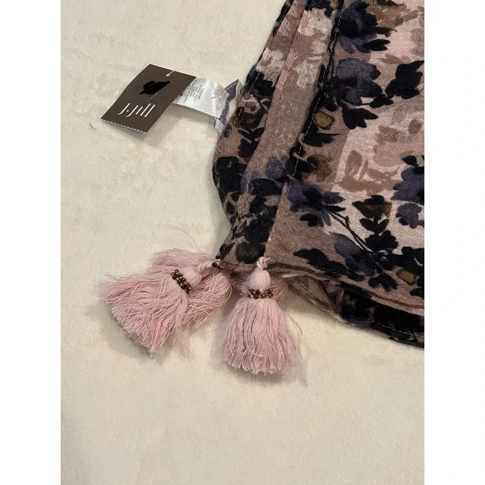 J. Jill Pure Jill Taupe‎ Purple Floral Lightweight Rectangle Tassel Scarf 39x40